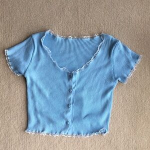 Light Blue Ribbed Lace-Trim Button Crop Top